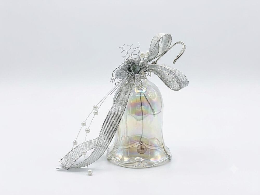 Vintage Iridescent Glass Bell Christmas Ornament with Silver Ribbon & Pearls